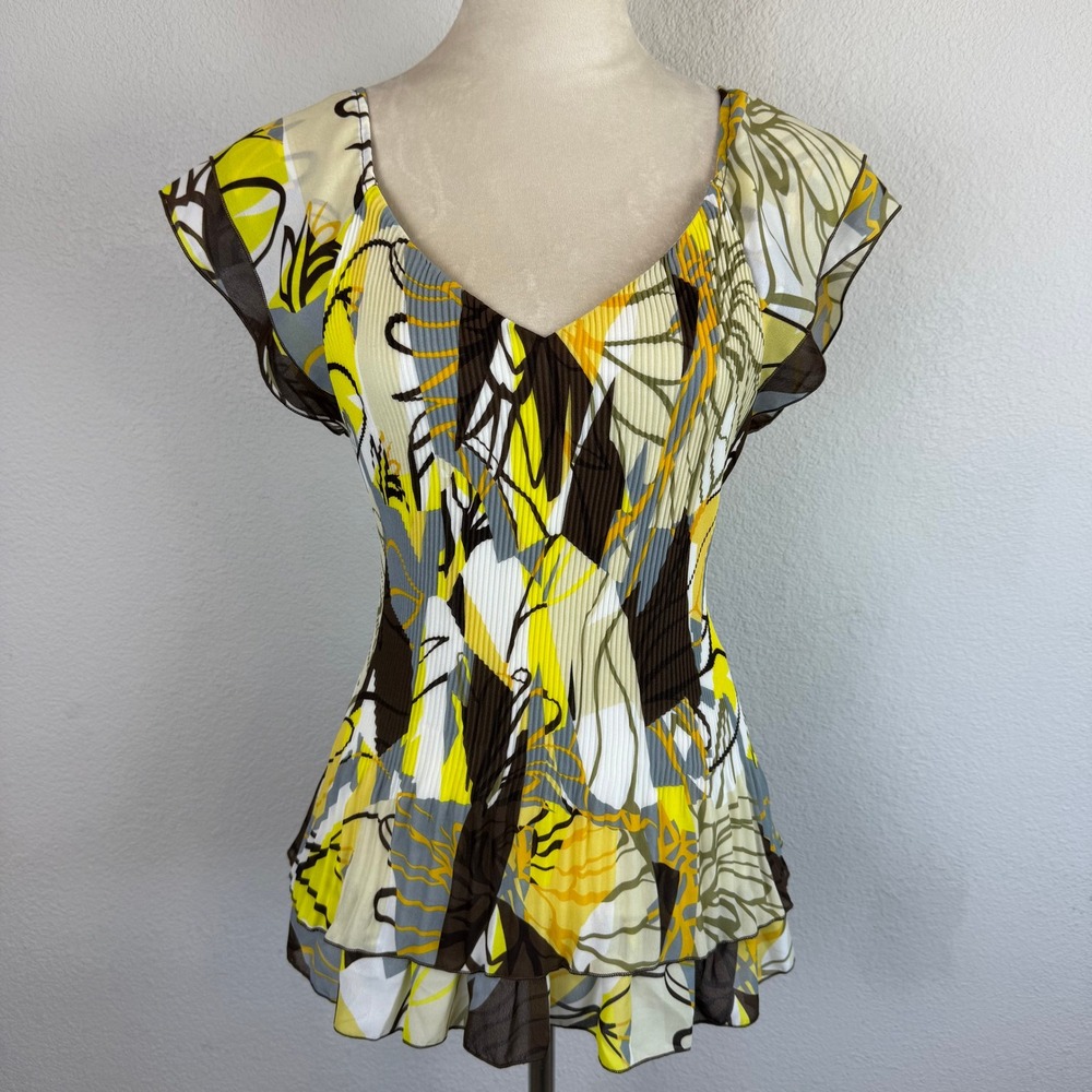 Piano Y2K Colorful Print Pleated Chiffon Ruffle Hem V Neck Top